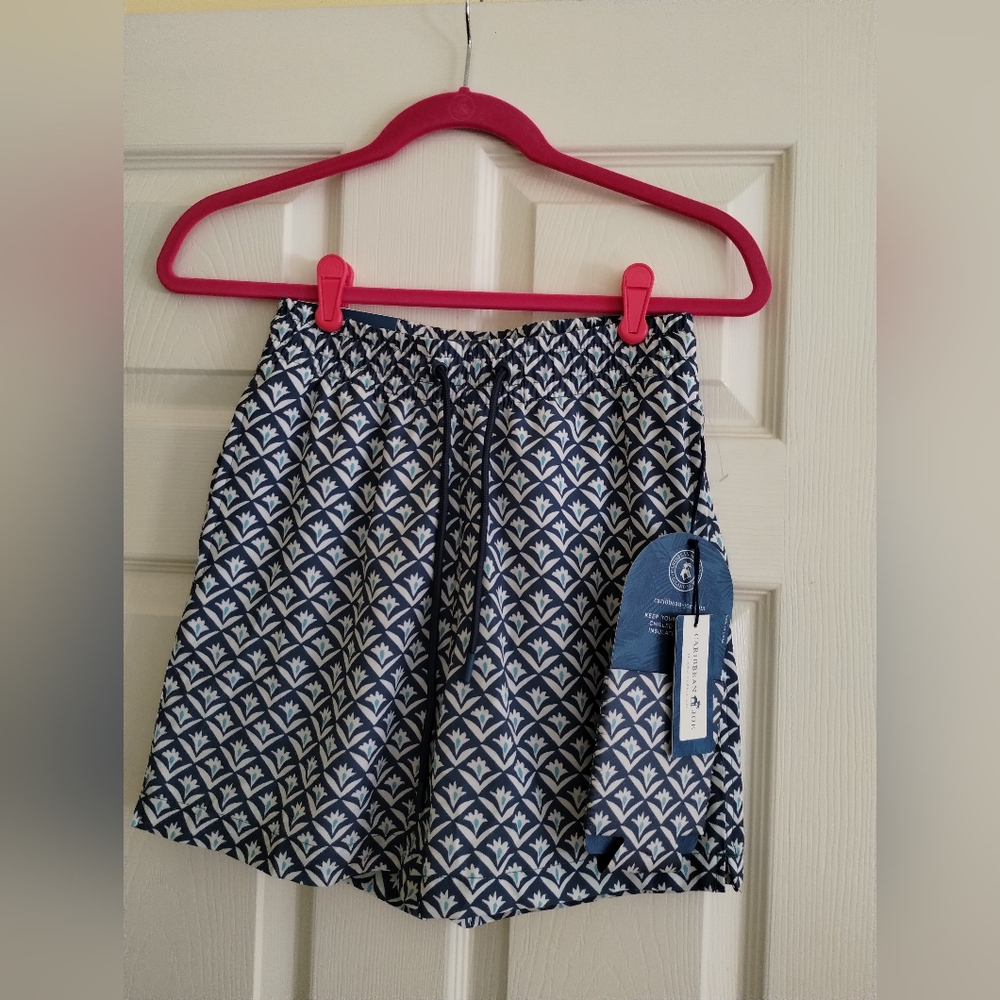 Caribbean Joe Blue and White Patterned Swim Shorts SP